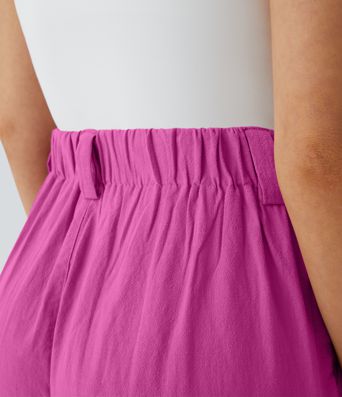 High Waisted Pocket Wide Leg Flowy Solid Palazzo Casual Linen-Feel Pants