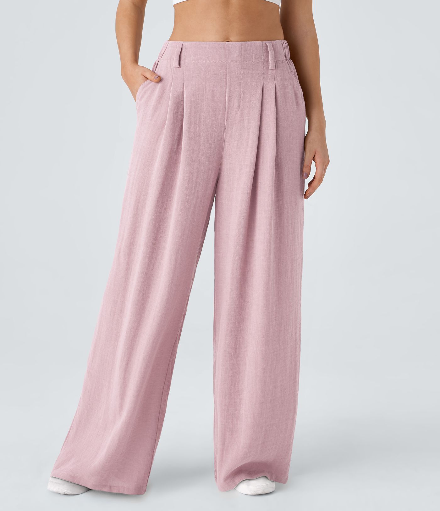 High Waisted Pocket Wide Leg Flowy Solid Palazzo Casual Linen-Feel Pants