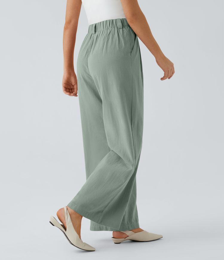 High Waisted Side Pocket Wide Leg Flowy Solid Palazzo Casual Linen-Feel Pants