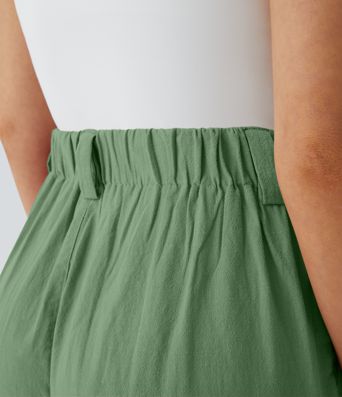 High Waisted Pocket Wide Leg Flowy Solid Palazzo Casual Linen-Feel Pants