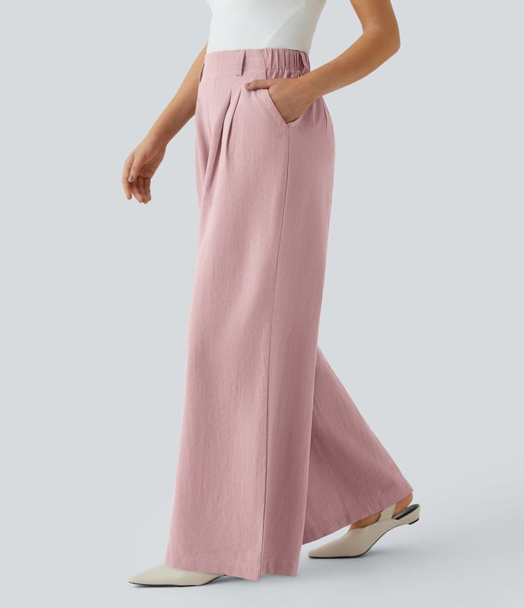 High Waisted Side Pocket Wide Leg Flowy Solid Palazzo Casual Linen-Feel Pants