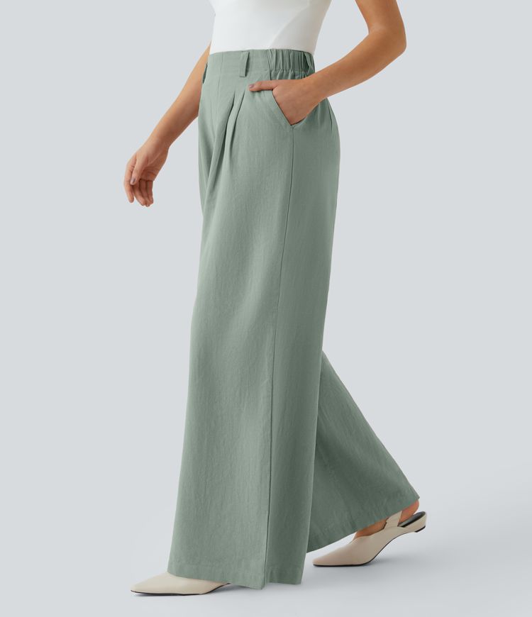 High Waisted Side Pocket Wide Leg Flowy Solid Palazzo Casual Linen-Feel Pants