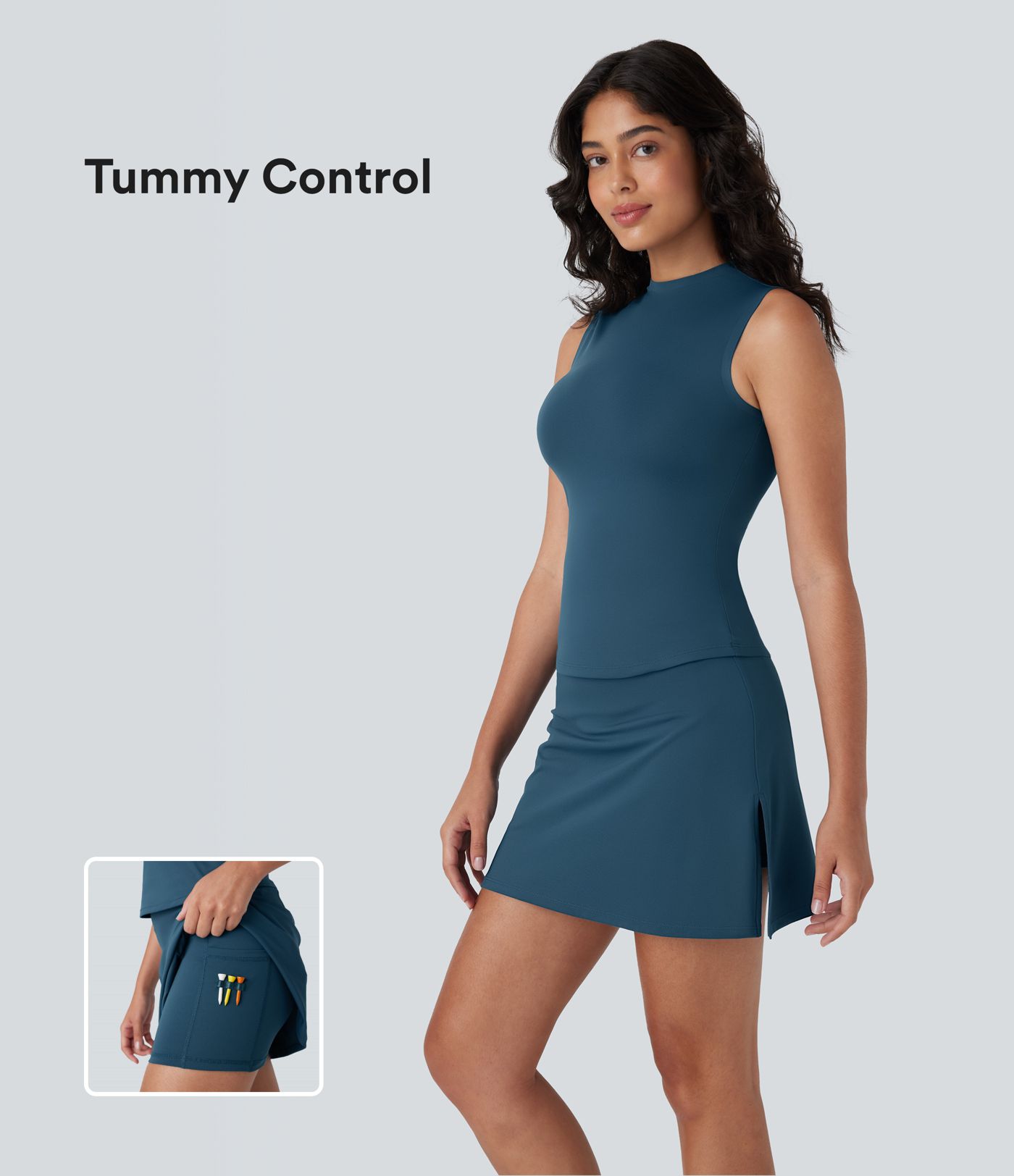 SoftlyZero™ QuickDry Curved Hem Tank Top And Tummy Control 2-in-1 Pocket Golf Skirt Set-Golf Tee Pockets