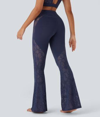 SoftlyZero™ High Waisted Crossover Pocket Contrast Lace Flare Yoga Leggings