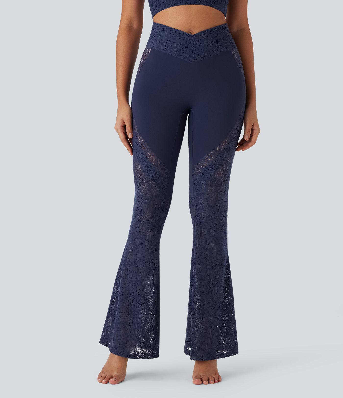 SoftlyZero™ High Waisted Crossover Pocket Contrast Lace Flare Yoga Leggings