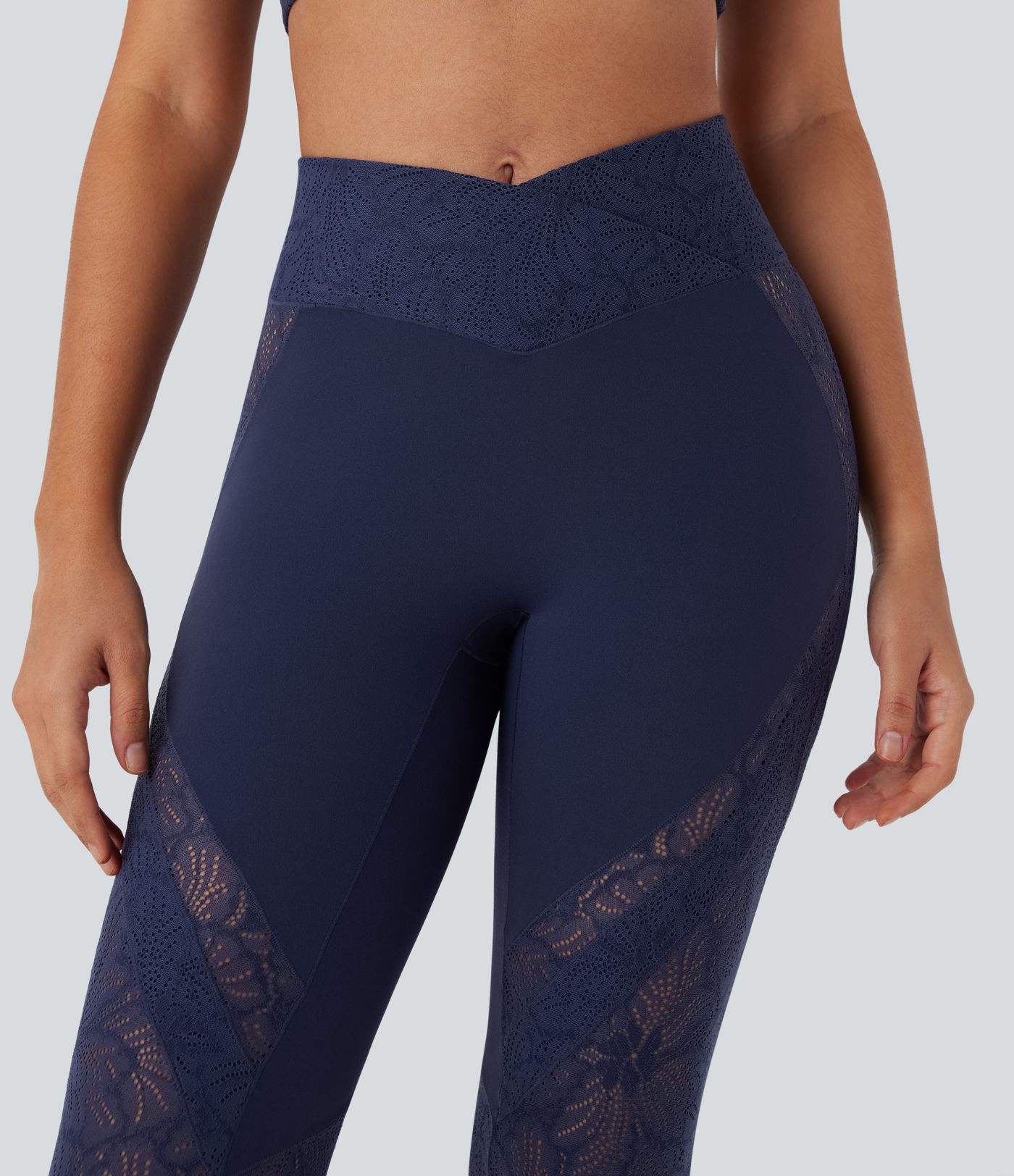 SoftlyZero™ High Waisted Crossover Pocket Contrast Lace Flare Yoga Leggings