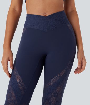 SoftlyZero™ High Waisted Crossover Pocket Contrast Lace Flare Yoga Leggings