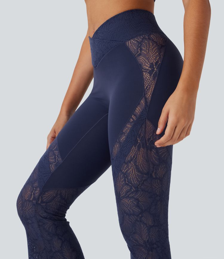 SoftlyZero™ High Waisted Crossover Pocket Contrast Lace Flare Yoga Leggings