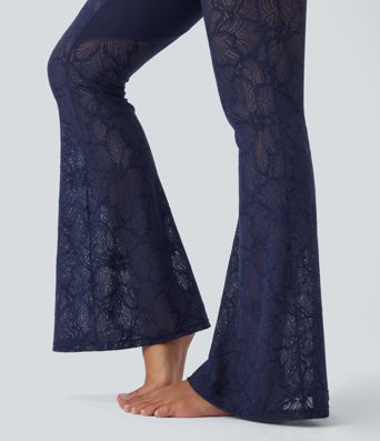 SoftlyZero™ High Waisted Crossover Pocket Contrast Lace Flare Yoga Leggings