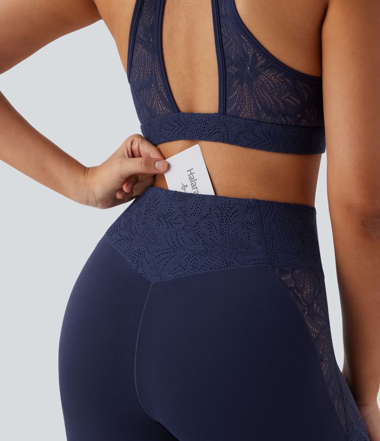 SoftlyZero™ High Waisted Crossover Pocket Contrast Lace Flare Yoga Leggings