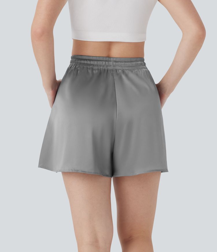 High Waisted Drawstring Side Pocket Loose Satin Casual Shorts