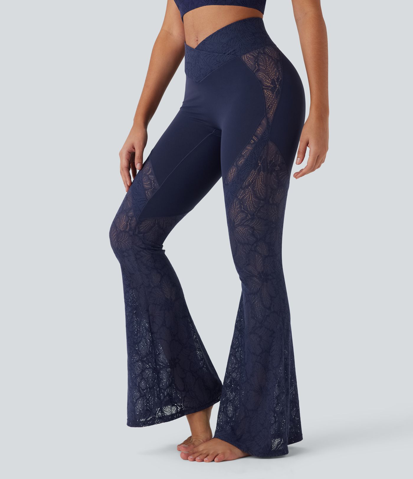 SoftlyZero™ High Waisted Crossover Pocket Contrast Lace Flare Yoga Leggings