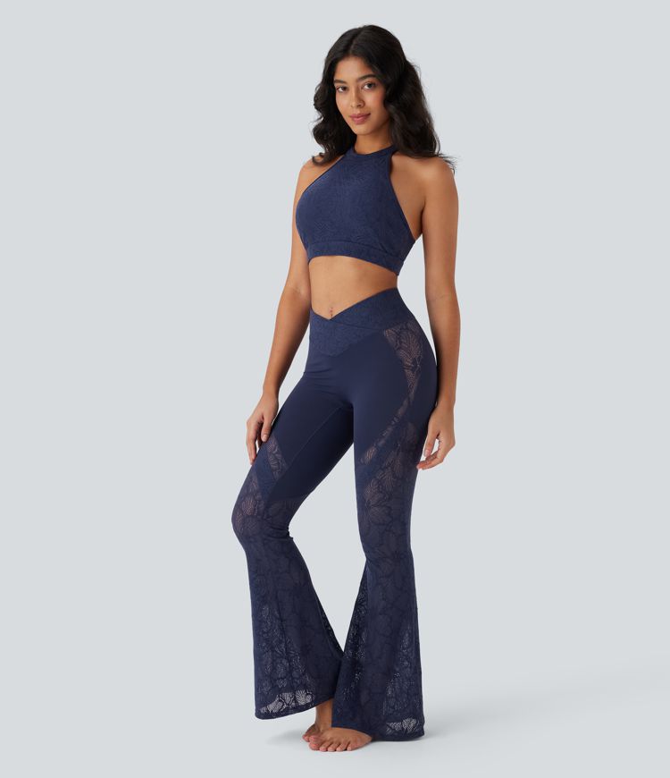 SoftlyZero™ High Waisted Crossover Pocket Contrast Lace Flare Yoga Leggings