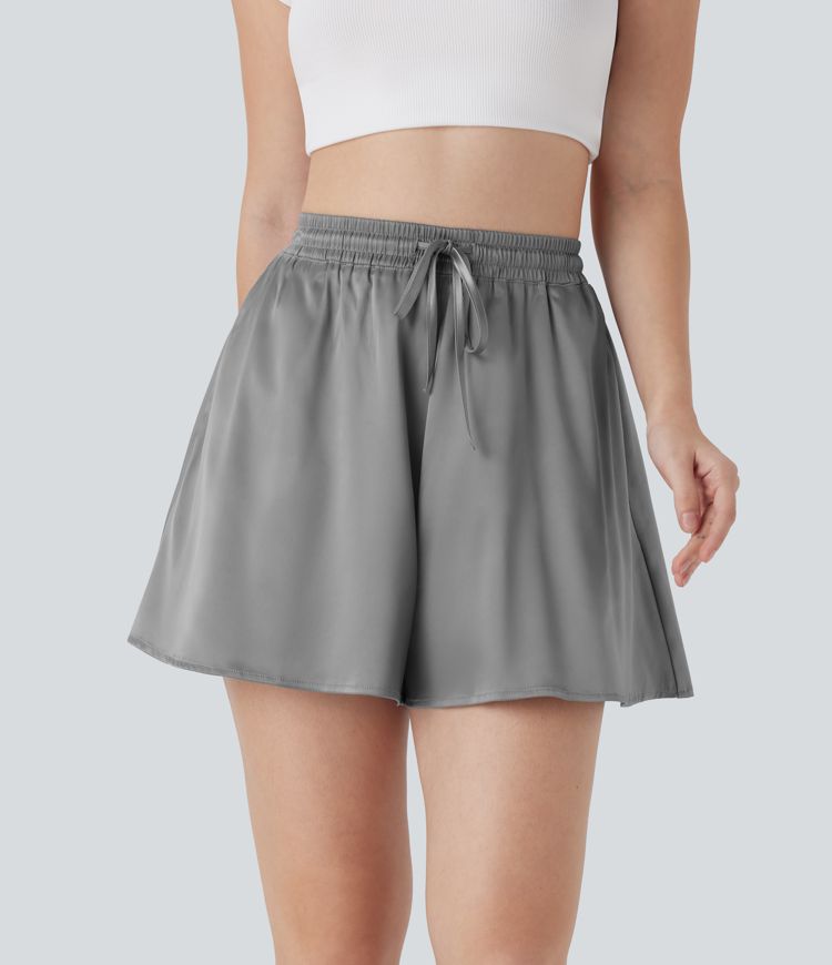 Shorts casuales holgados de satén y tiro alto con bolsillos laterales y cordón