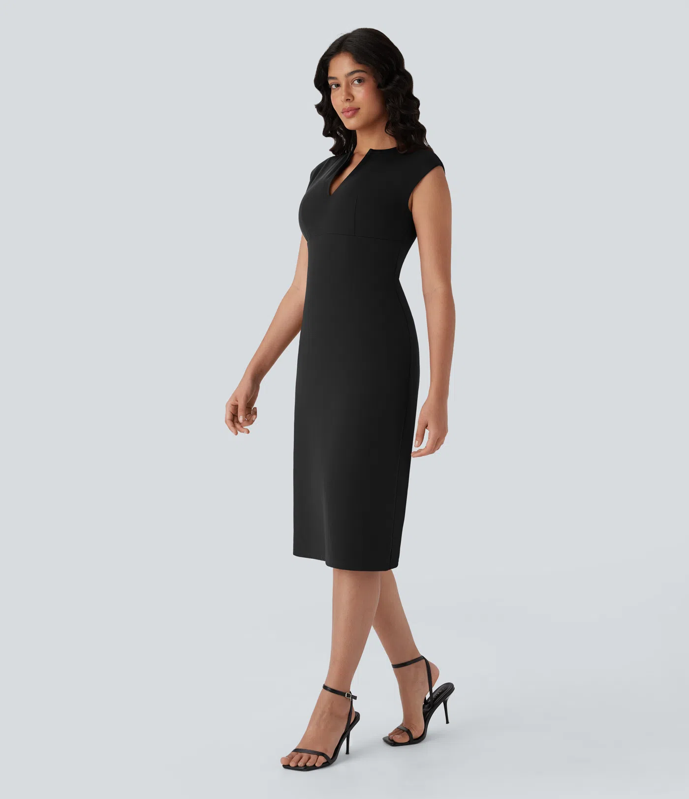 V-neck Zipper Split Bodycon Midi Work Built-in Mesh Shapewear Dress