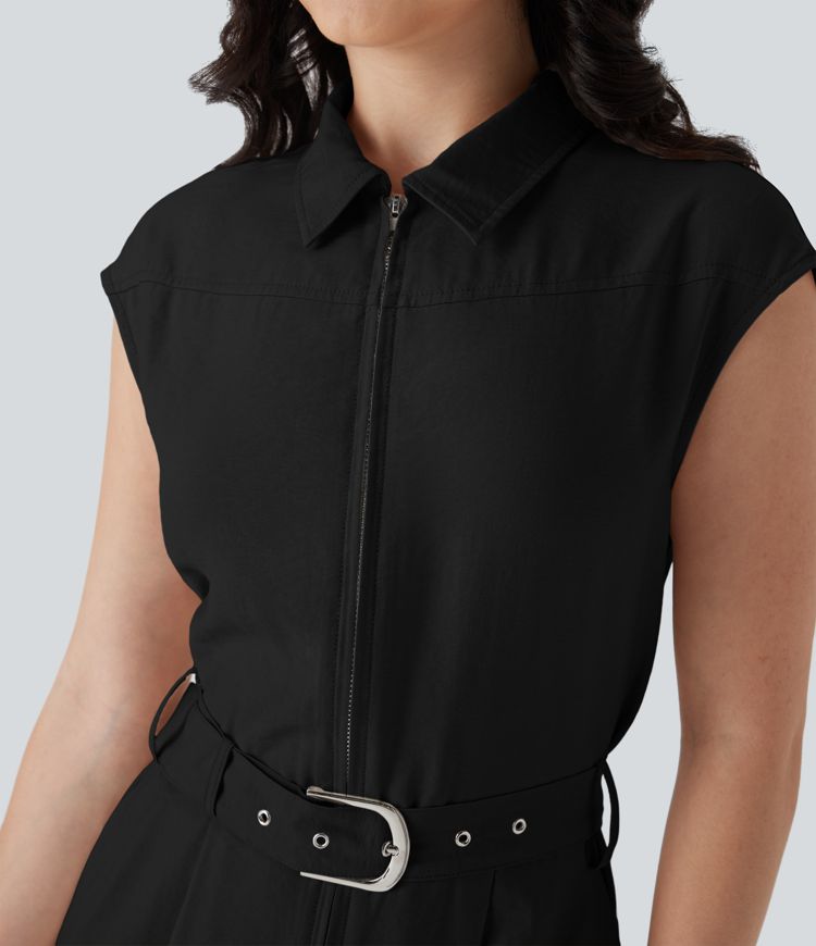 Collared Half Zipper Cap Sleeve Straight Leg Belted Work Linen-Feel Jumpsuit with Pockets