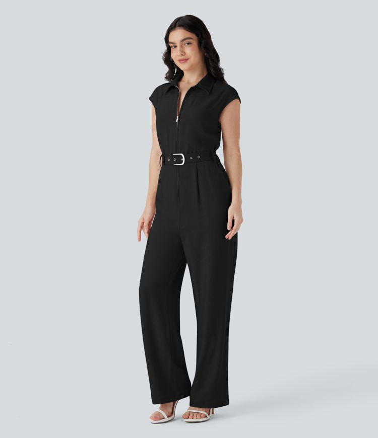 Collared Half Zipper Cap Sleeve Straight Leg Belted Work Linen-Feel Jumpsuit with Pockets
