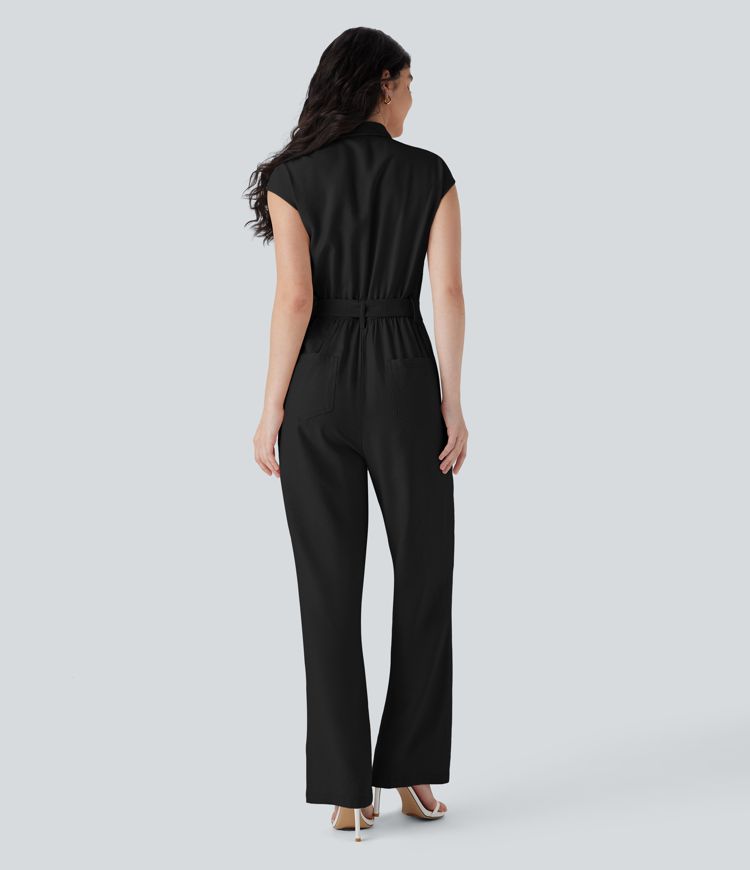 Collared Half Zipper Cap Sleeve Straight Leg Belted Work Linen-Feel Jumpsuit with Pockets