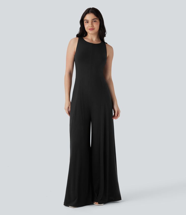 Cut Out Sleeveless Wide Leg Flowy Jumpsuit