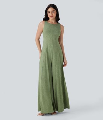 Cut Out Backless Sleeveless Wide Leg Resort Flowy Jumpsuit