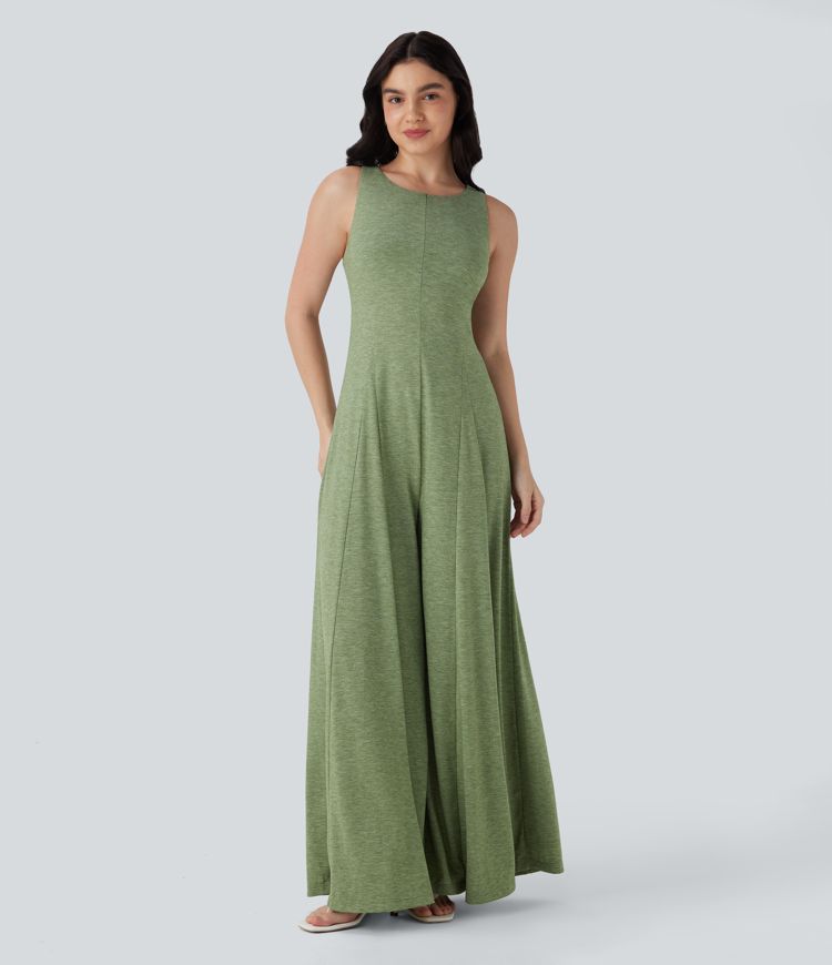 Cut Out Backless Sleeveless Wide Leg Resort Flowy Jumpsuit