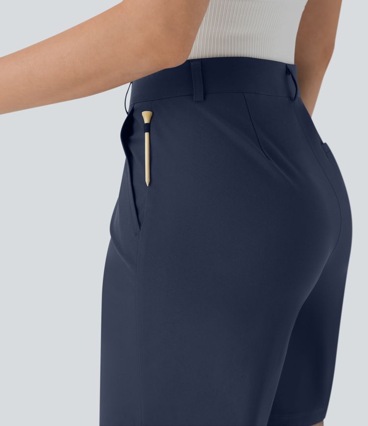 High Waisted Multiple Pockets Quick Dry Golf Bermuda Shorts-Golf Tee Pocket-UPF40+