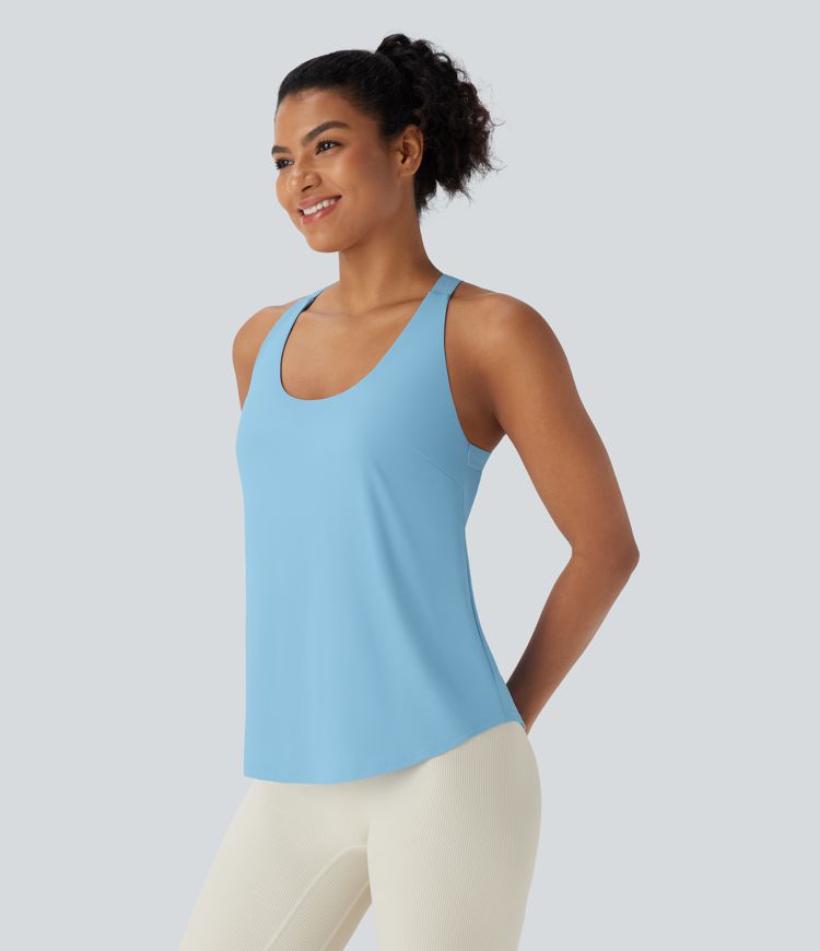 U Neck Backless Crisscross Curved Hem Cool Touch Yoga Tank Top