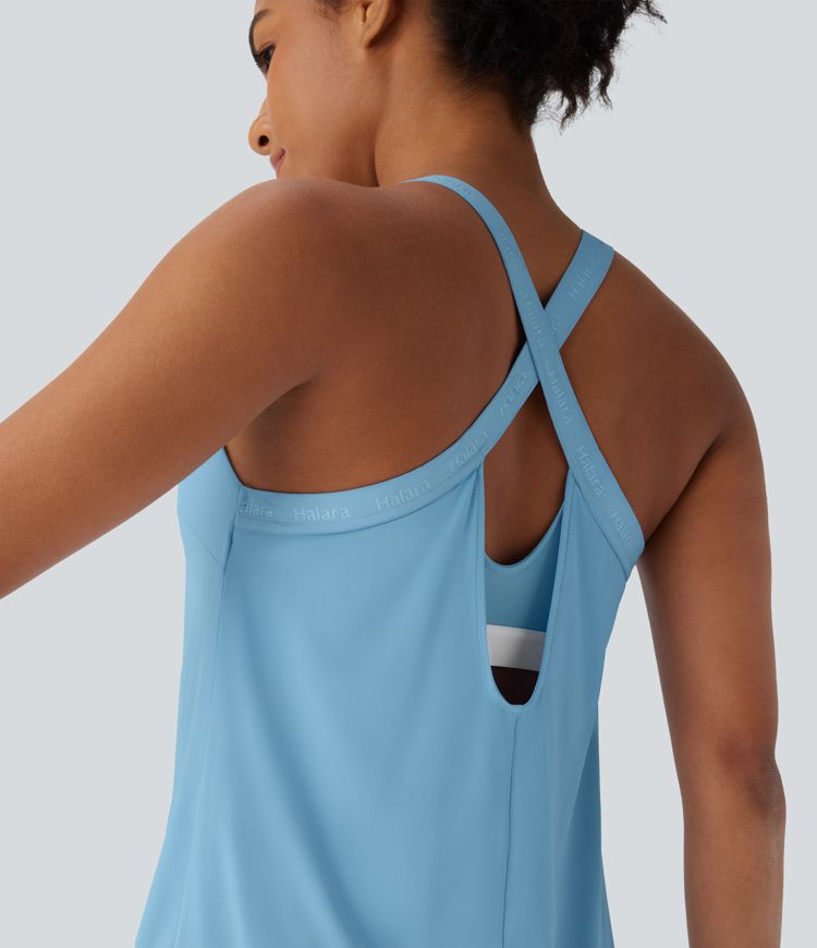 U Neck Backless Crisscross Curved Hem Cool Touch Yoga Tank Top