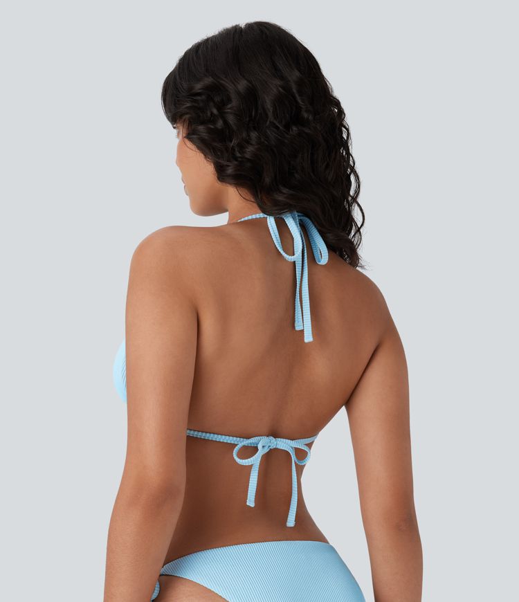 Ribbed Halter Tie Back Backless Bikini Top Swimsuit