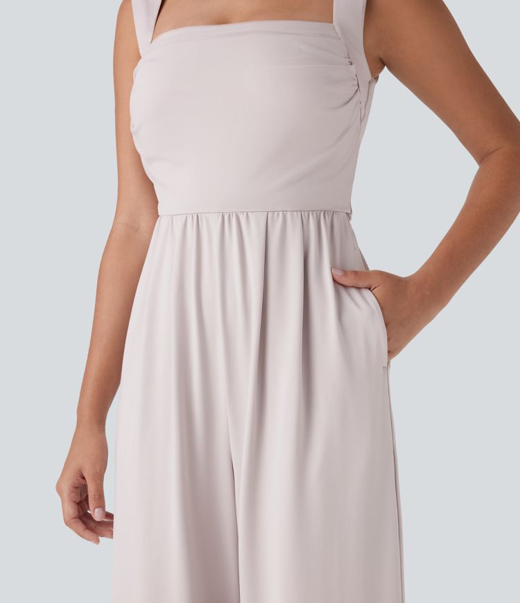 Square Neck Sleeveless Ruched Side Pocket Bridesmaid and Wedding Guest Jumpsuit