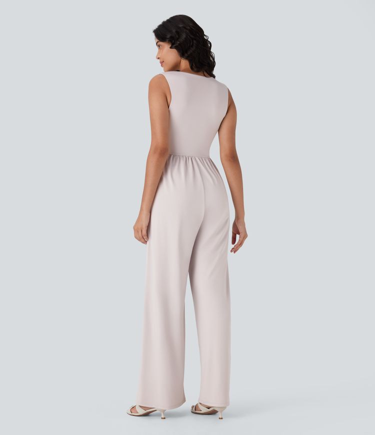 Square Neck Sleeveless Ruched Side Pocket Bridesmaid and Wedding Guest Jumpsuit