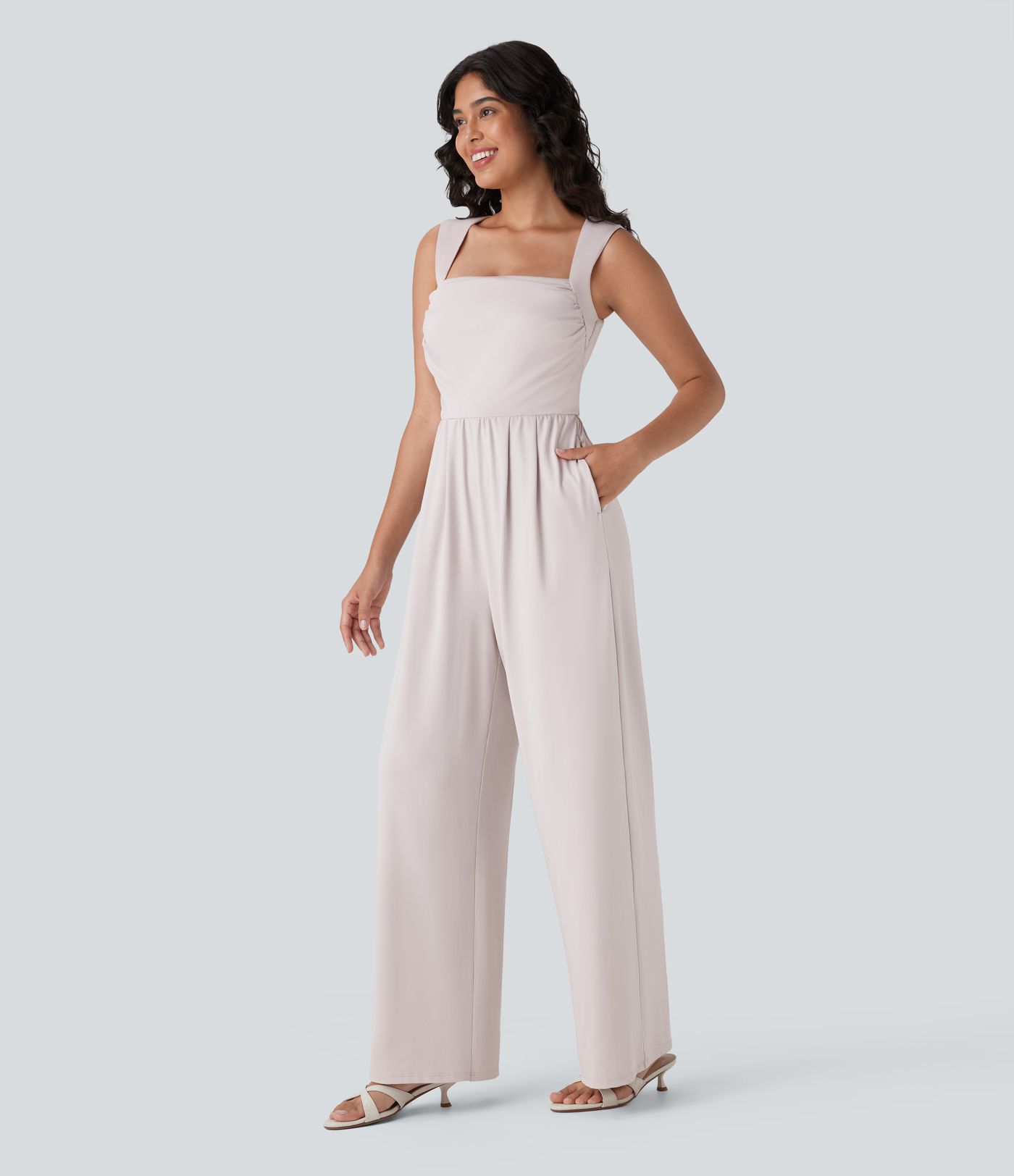 Square Neck Sleeveless Ruched Side Pocket Bridesmaid and Wedding Guest Jumpsuit