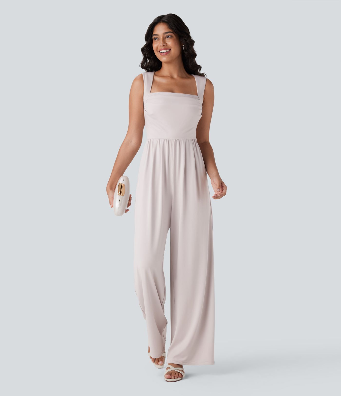 Square Neck Sleeveless Ruched Side Pocket Bridesmaid and Wedding Guest Jumpsuit