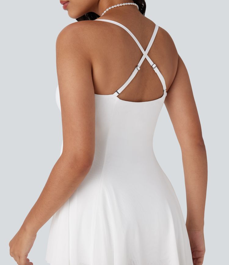 Rückenfreies 2-in-1 Partykleid mit Seitentaschen, überkreuzten Trägern, kontrastierendem Netzstoff und asymmetrischem Saum