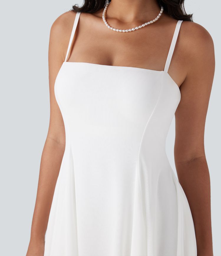 Rückenfreies 2-in-1 Partykleid mit Seitentaschen, überkreuzten Trägern, kontrastierendem Netzstoff und asymmetrischem Saum