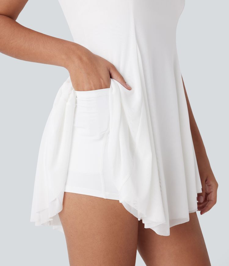 Rückenfreies 2-in-1 Partykleid mit Seitentaschen, überkreuzten Trägern, kontrastierendem Netzstoff und asymmetrischem Saum