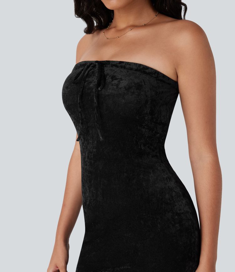 Tube Tie Front Bodycon Mermaid Velvet Mesh Maxi Resort Dress