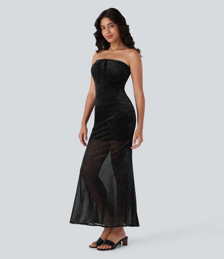 Tube Tie Front Bodycon Mermaid Velvet Mesh Maxi Resort Dress