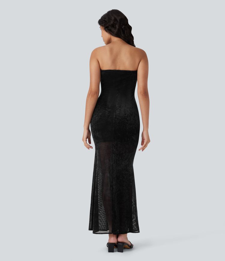 Tube Tie Front Bodycon Mermaid Velvet Mesh Maxi Resort Dress