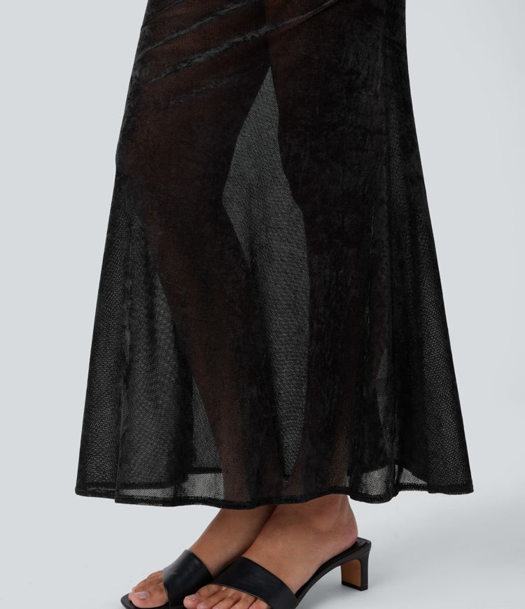 Tube Tie Front Bodycon Mermaid Velvet Mesh Maxi Resort Dress