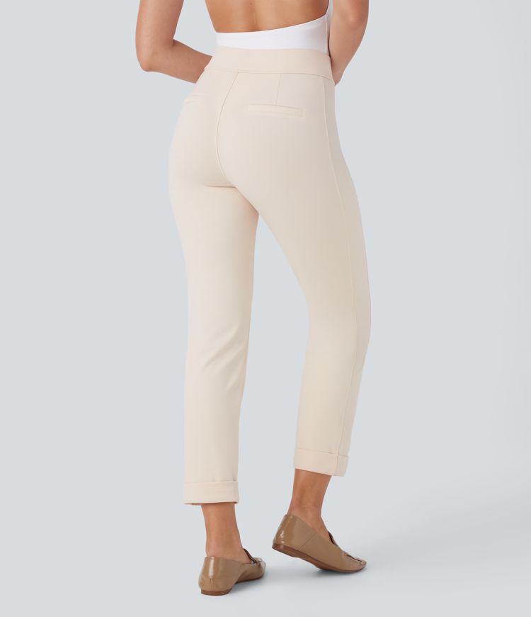 High Waisted Rolled Hem Skinny Tapered Ankle Length Casual Pants