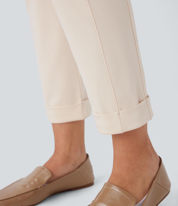 High Waisted Rolled Hem Skinny Tapered Ankle Length Casual Pants