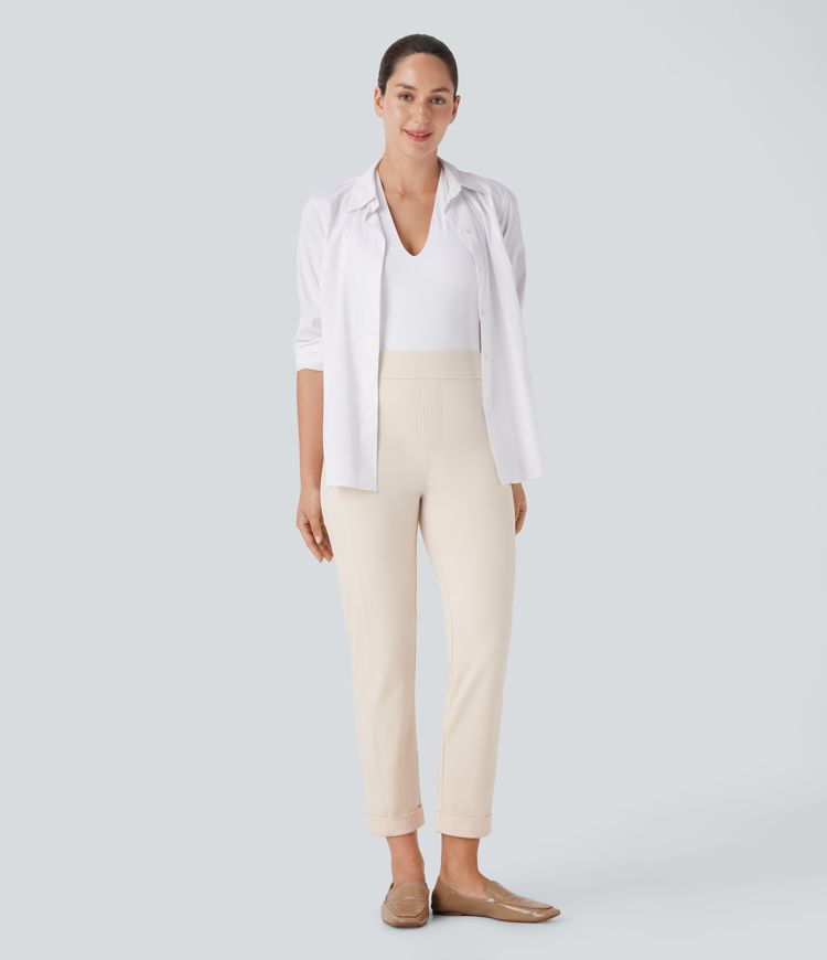 High Waisted Rolled Hem Skinny Tapered Ankle Length Casual Pants