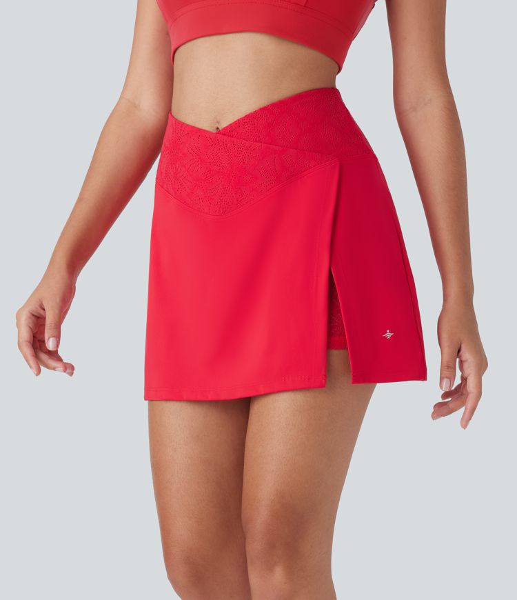 Softlyzero™ Airy High Waisted Crossover 2-in-1 Side Pocket Split Contrast Lace Cool Touch Mini Tennis Skirt-UPF50+