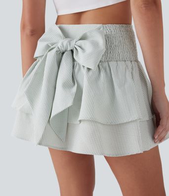 High Waisted Tie Back Shirred Tiered Mini Casual Skirt