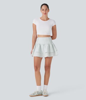High Waisted Tie Back Shirred Tiered Mini Casual Skirt