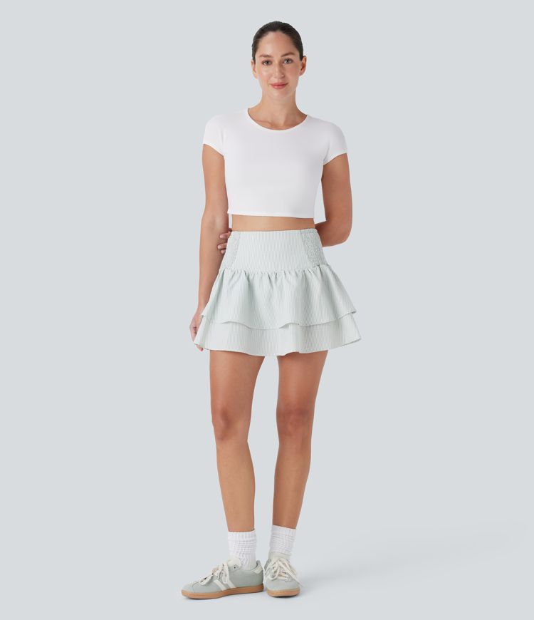 High Waisted Tie Back Shirred Tiered Mini Casual Skirt