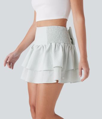 High Waisted Tie Back Shirred Tiered Mini Casual Skirt