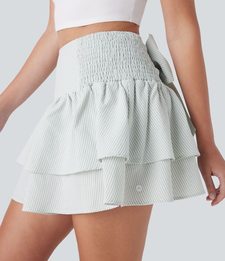 High Waisted Tie Back Shirred Tiered Mini Casual Skirt