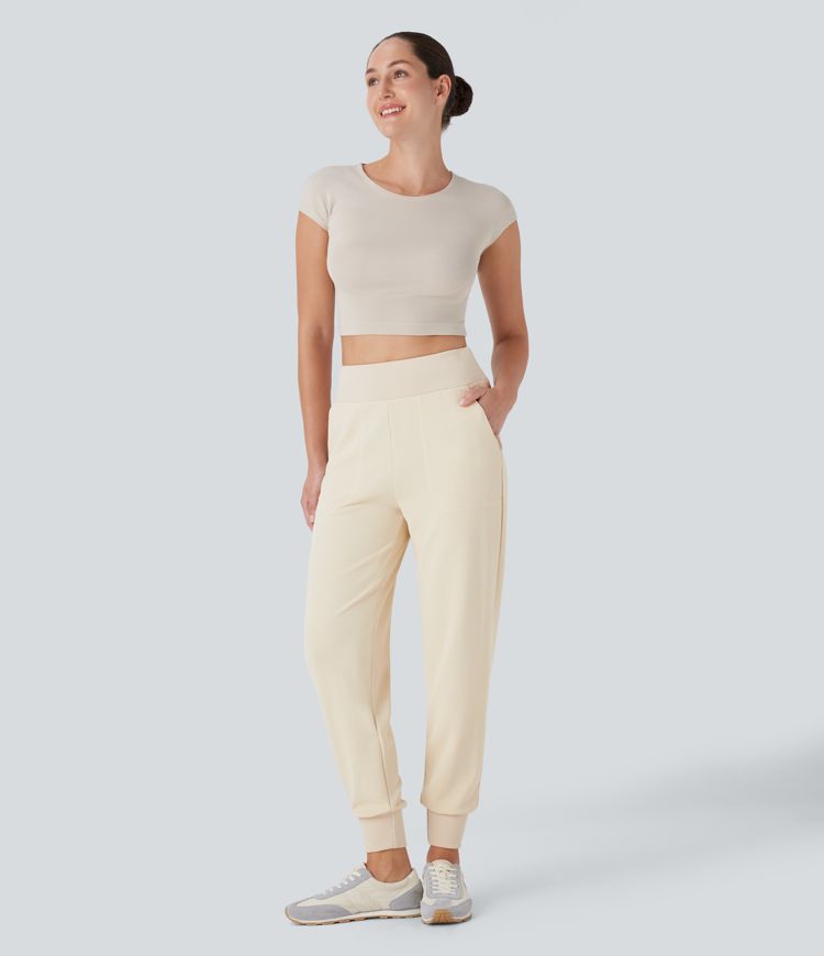 Lässige Jogginghose mit hoher Taille, konischer Passform, Seitentasche